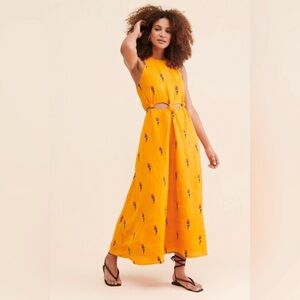 Farm Rio Orange Embroidered Parrot Cutout Maxi Dress